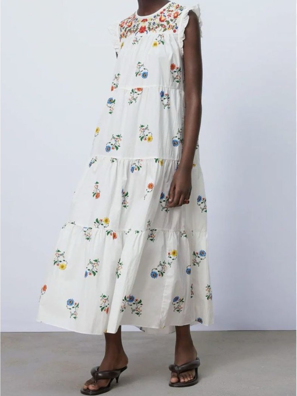 Zara Embroided bohemian White Floral Tiered Midi Dress